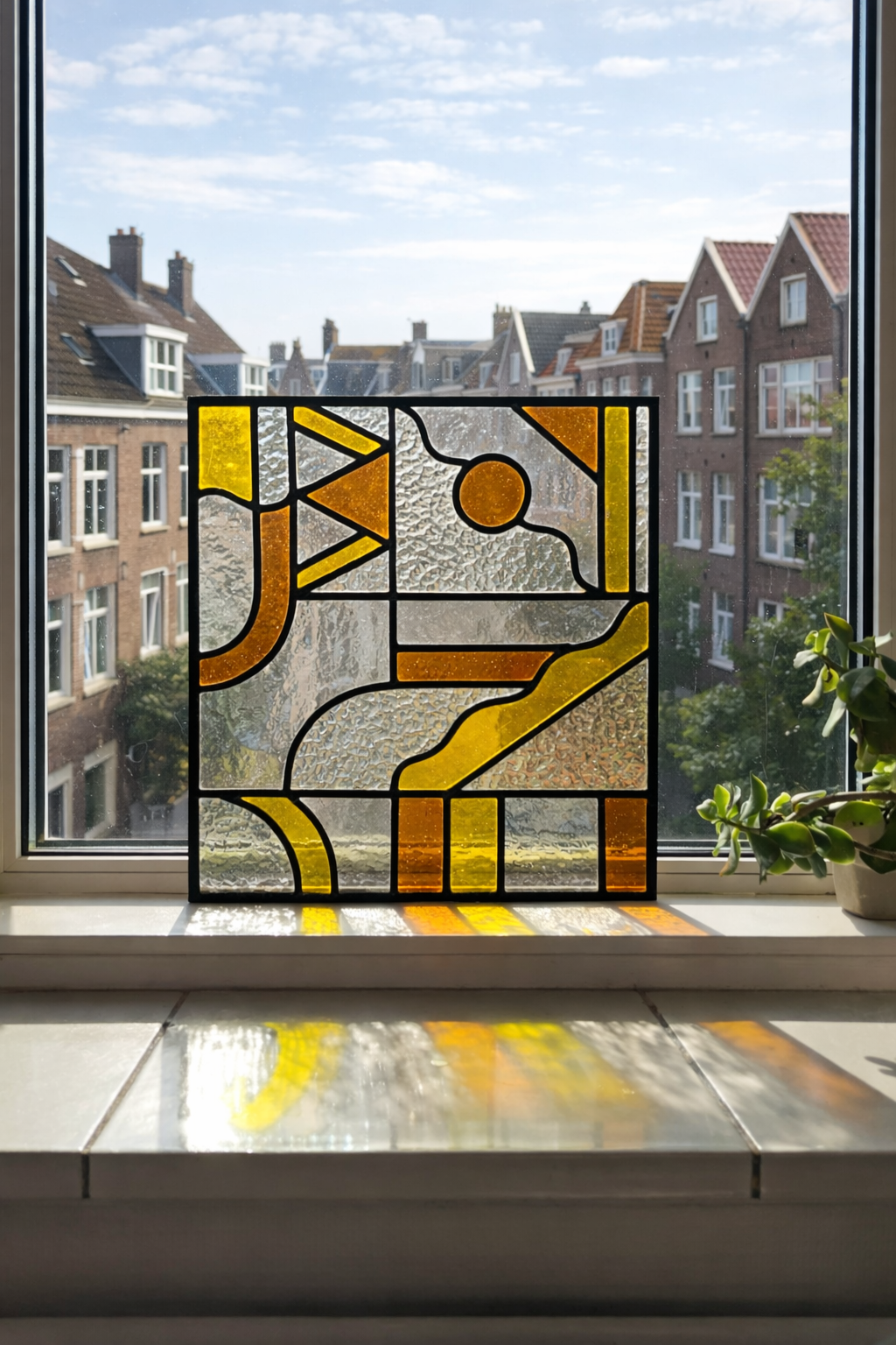 Glas-in-loodraam Warme Geometrie in oranje en gele tinten