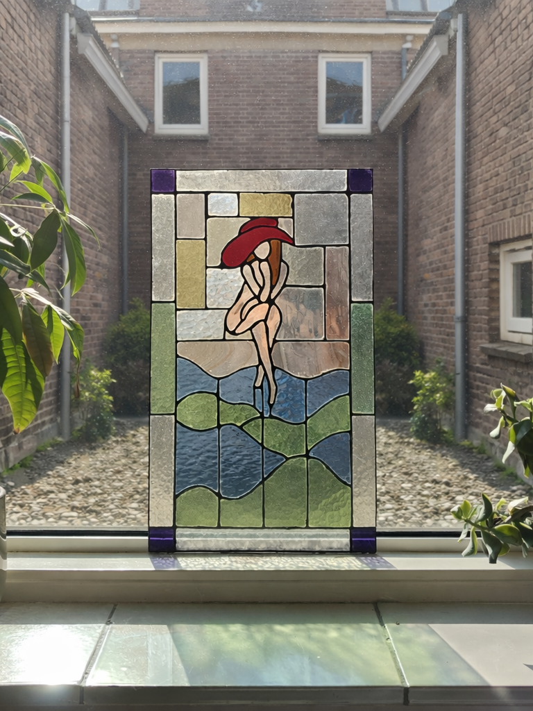 Glas-in-loodraam Vrouw met Rode Hoed