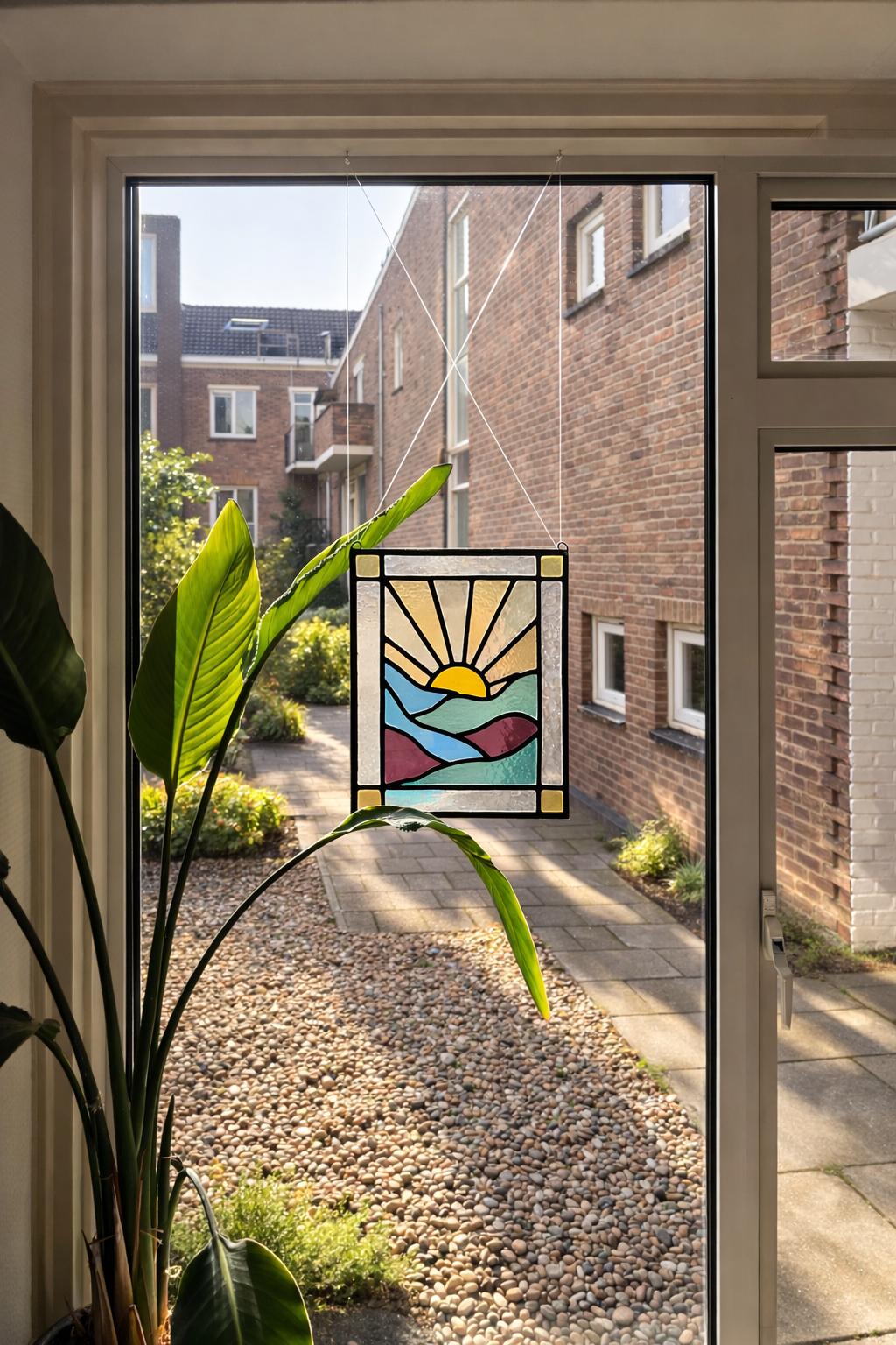 Handgemaakt glas-in-lood object met zonmotief