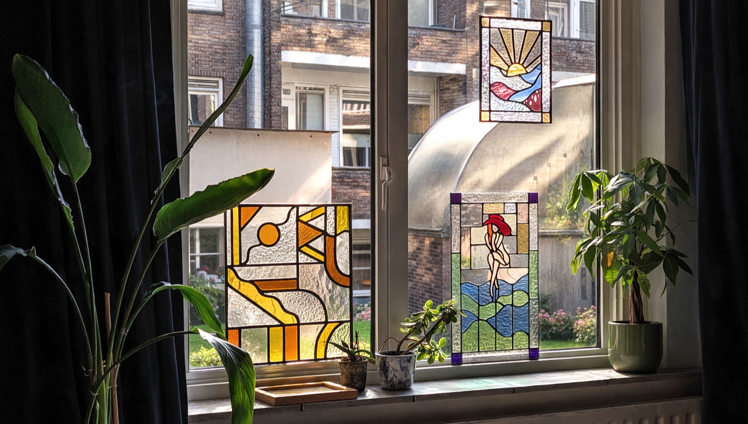 Glas-in-loodraam in het atelier van Glasatelier Frederiek in Rotterdam